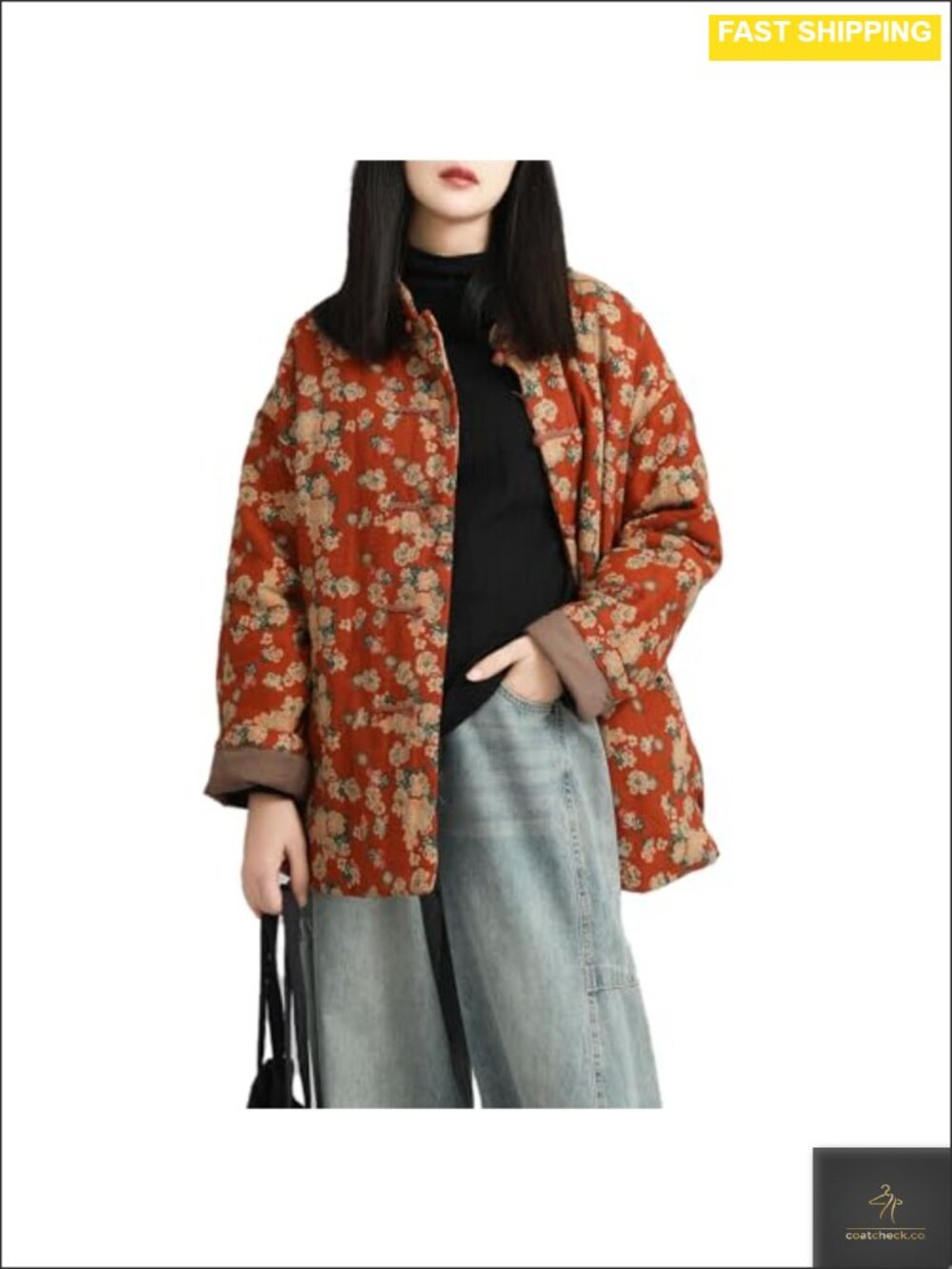 Womens Cotton Quilted Floral Print Long Jacket Frog Button Pockets Vintage Coat